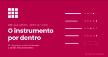 Composição gráfica em tons de carmim com 36 traços finos agrupados em quatro segmentos e um espaço vazio, representando a estrutura do questionário de avaliação do curso.